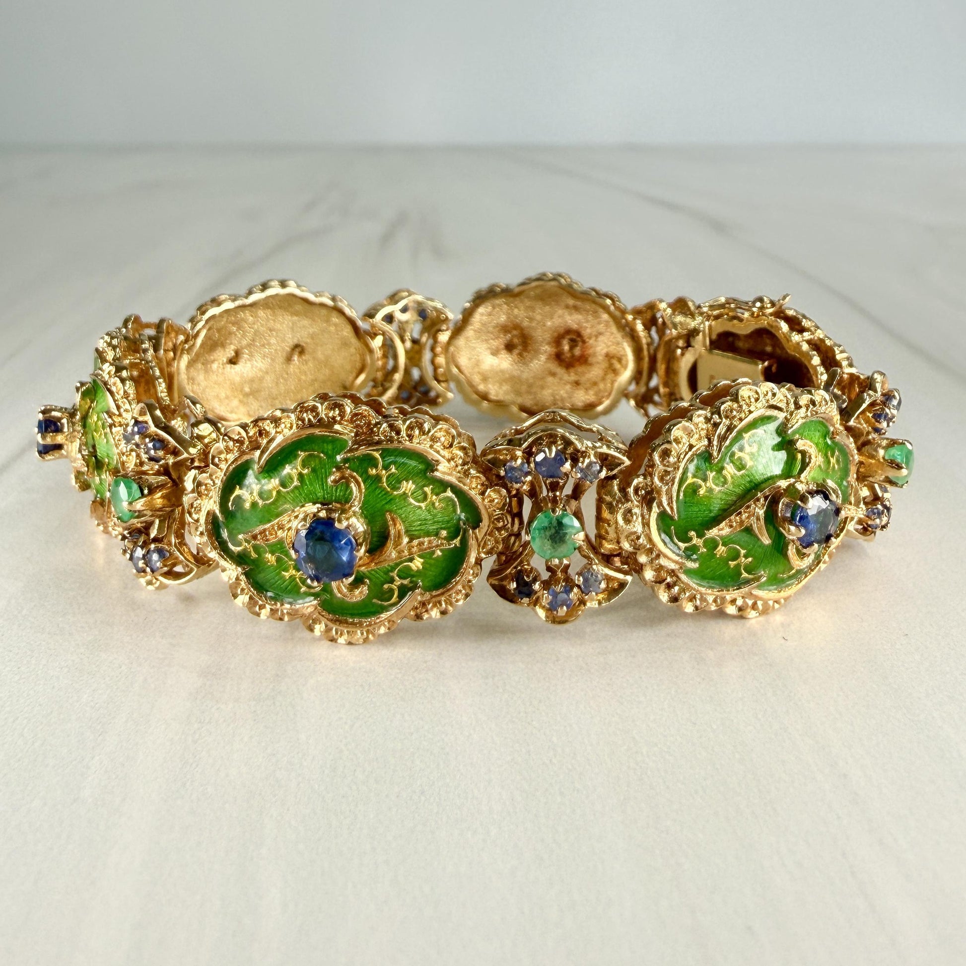 Vintage 1960's Enamel Sapphire and Emerald Bracelet 18k Yellow Gold