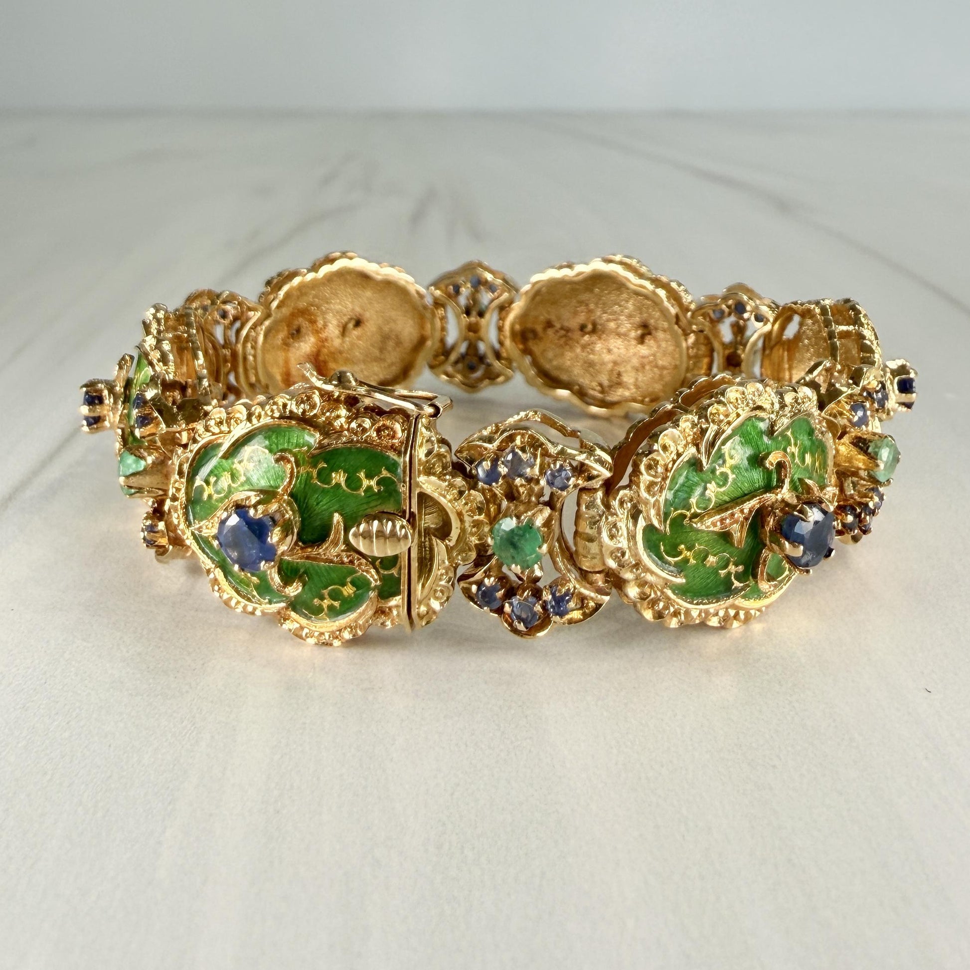 Vintage 1960's Enamel Sapphire and Emerald Bracelet 18k Yellow Gold