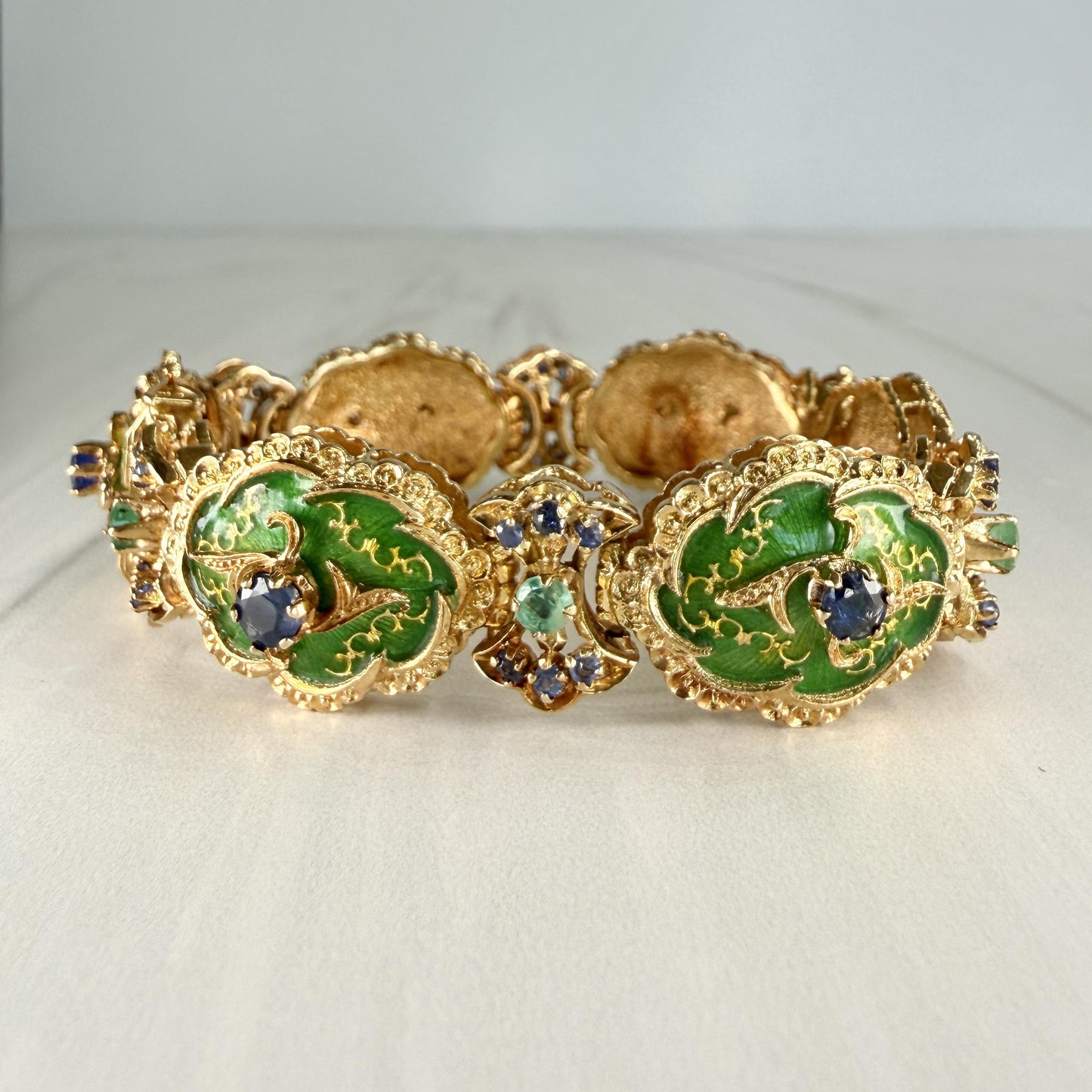 Vintage 1960's Enamel Sapphire and Emerald Bracelet 18k Yellow Gold