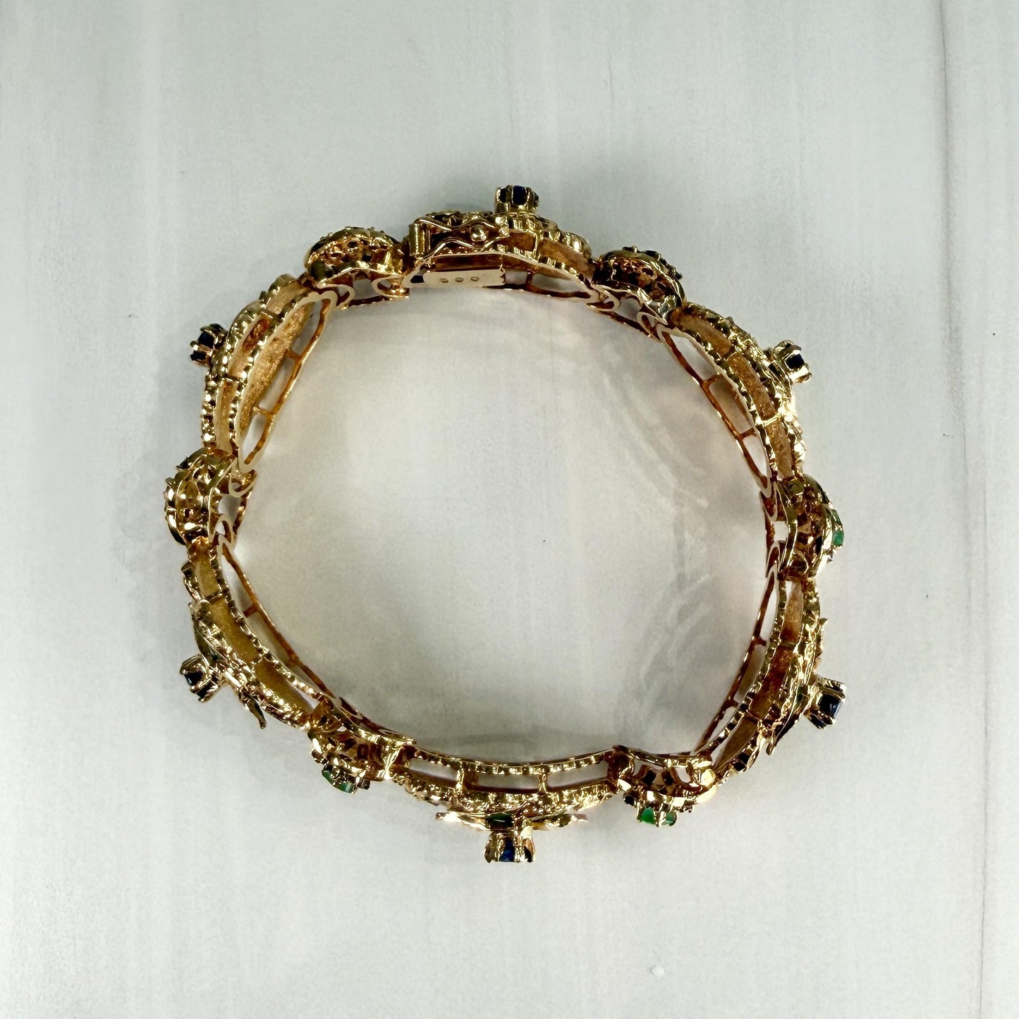 Vintage 1960's Enamel Sapphire and Emerald Bracelet 18k Yellow Gold