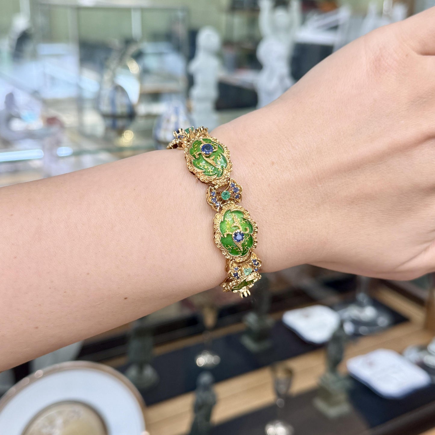Vintage 1960's Enamel Sapphire and Emerald Bracelet 18k Yellow Gold