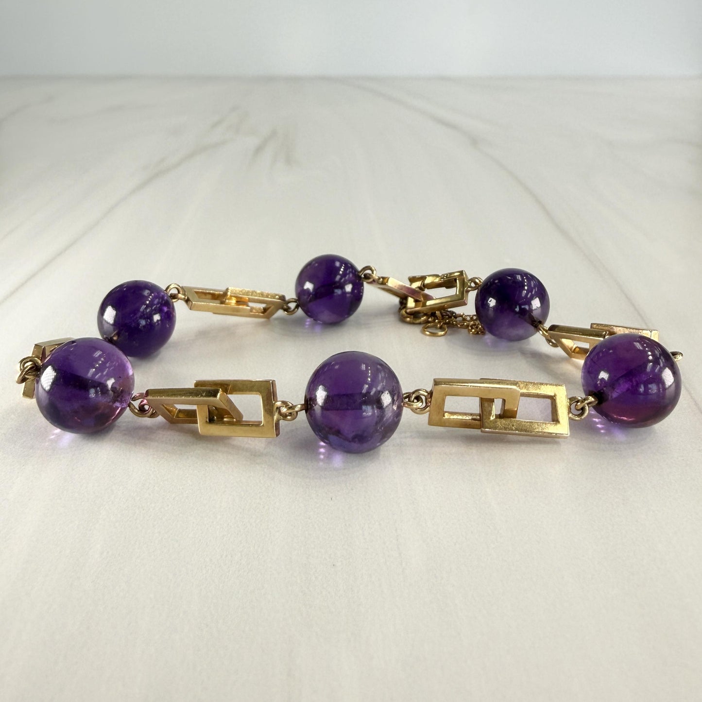 Vintage 1950's Amethyst Cabochon Geometric Bracelet 14k Yellow Gold
