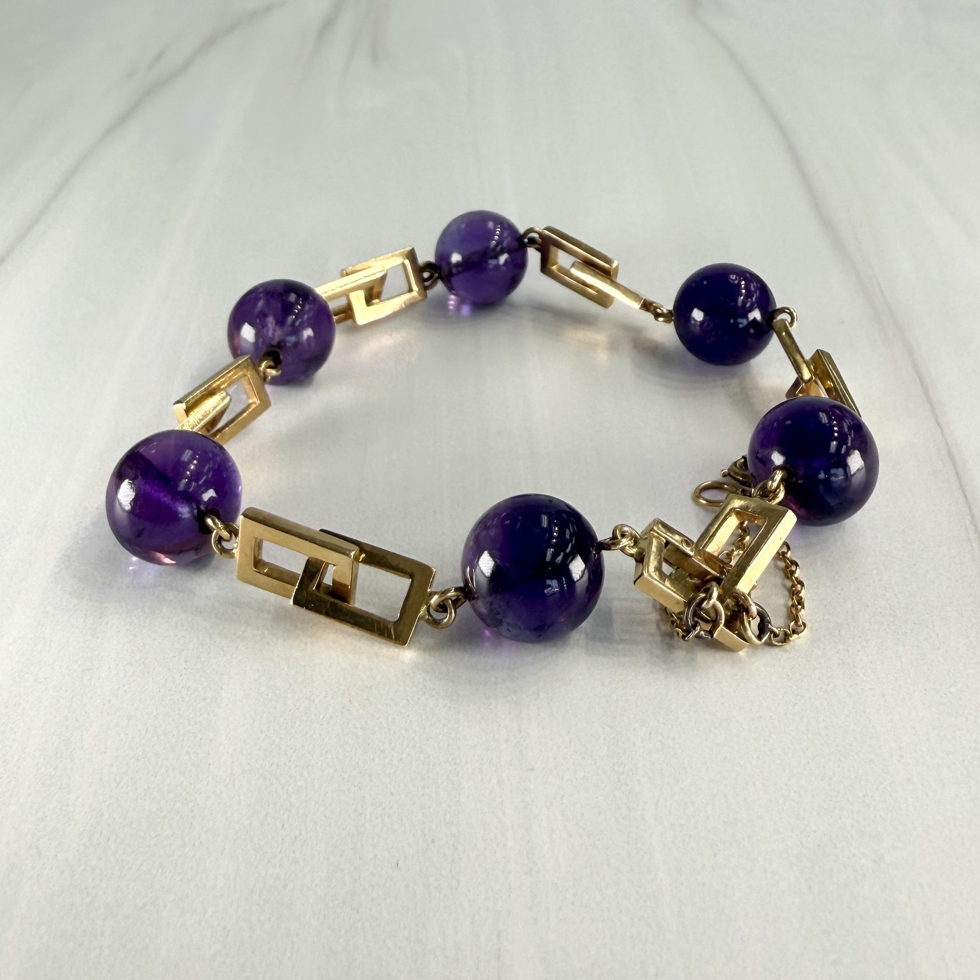 Vintage 1950's Amethyst Cabochon Geometric Bracelet 14k Yellow Gold