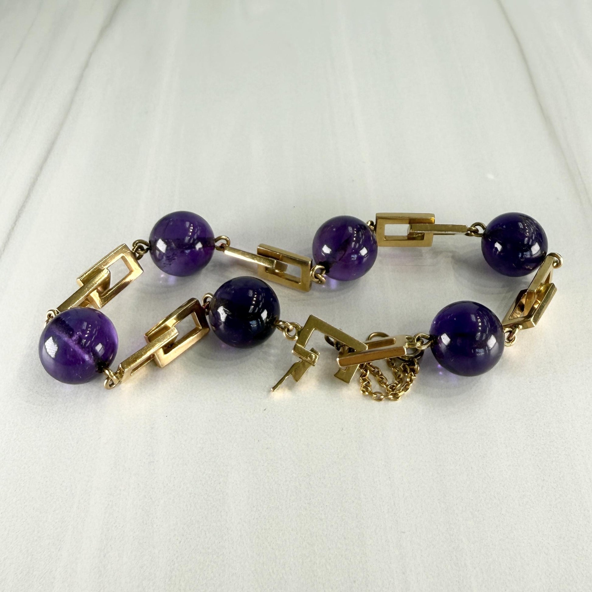 Vintage 1950's Amethyst Cabochon Geometric Bracelet 14k Yellow Gold