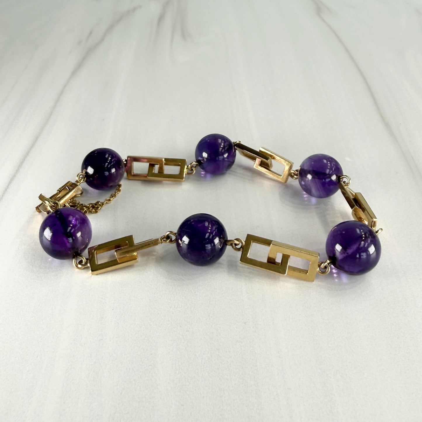 Vintage 1950's Amethyst Cabochon Geometric Bracelet 14k Yellow Gold