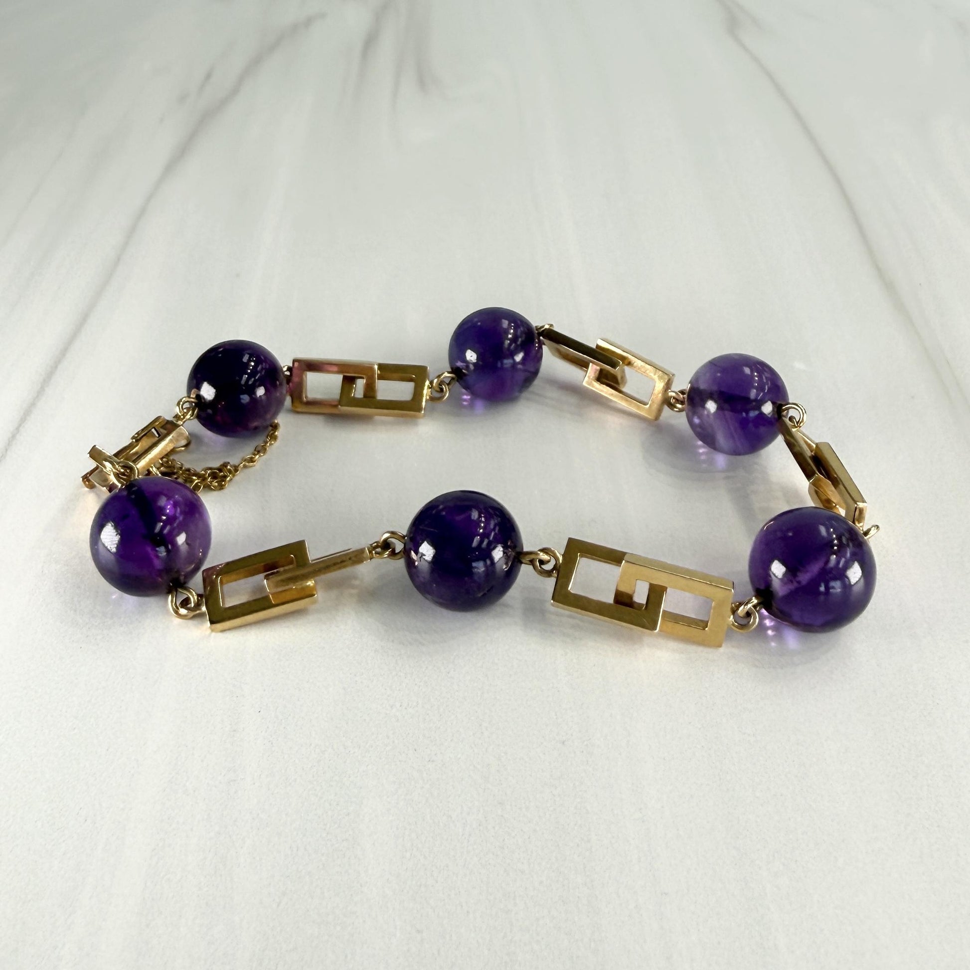 Vintage 1950's Amethyst Cabochon Geometric Bracelet 14k Yellow Gold