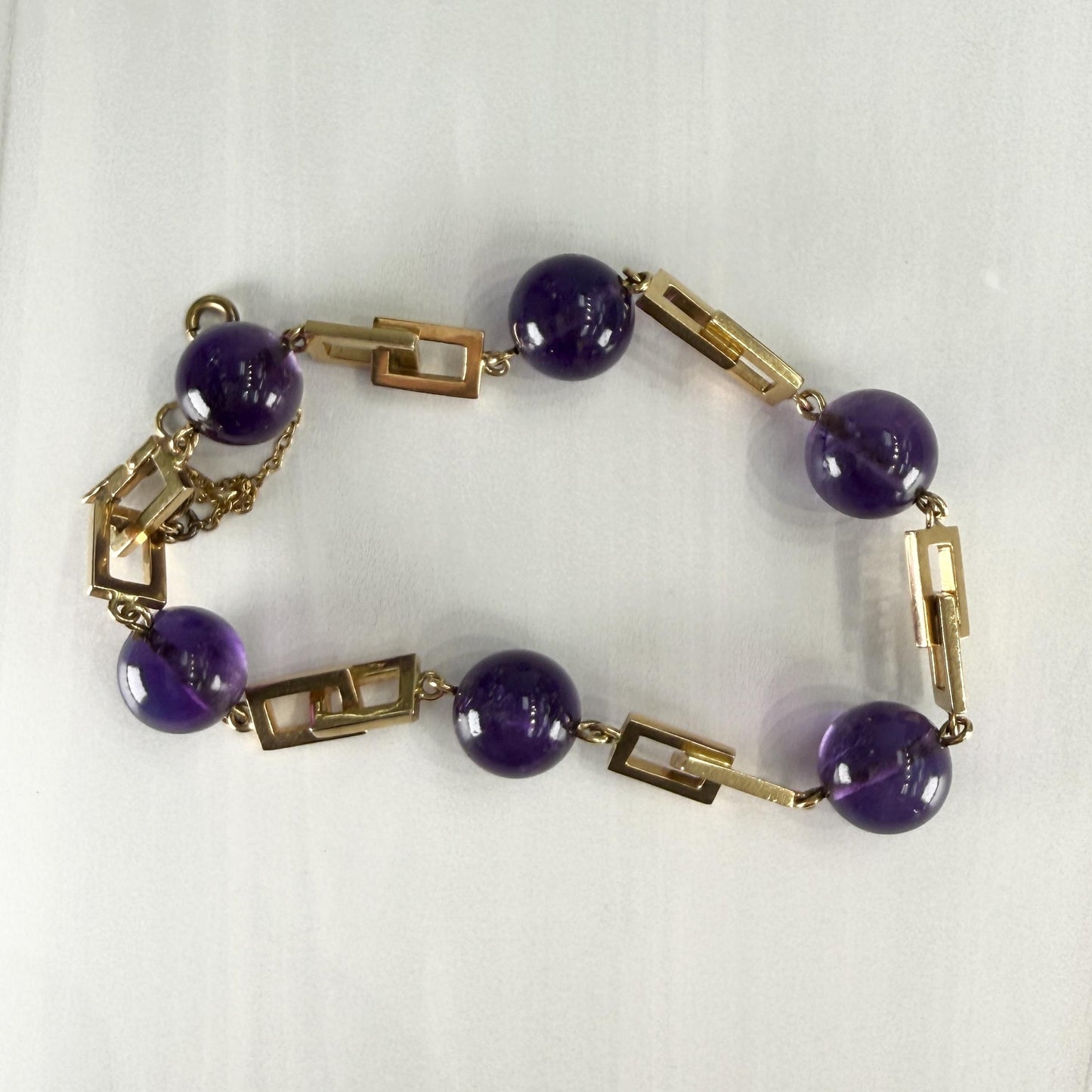Vintage 1950's Amethyst Cabochon Geometric Bracelet 14k Yellow Gold
