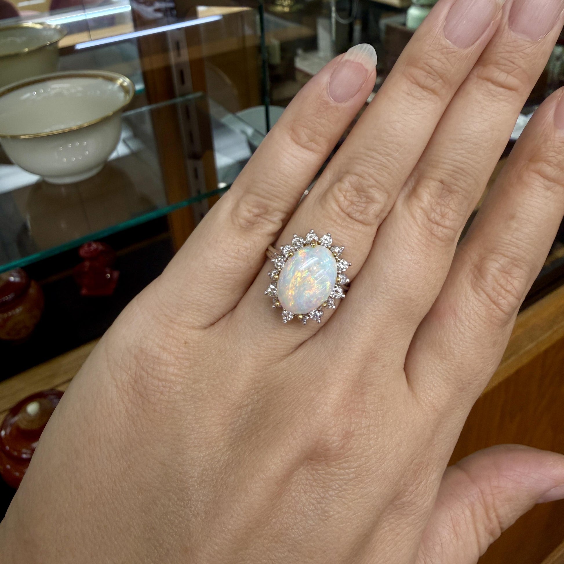 Vintage 1970's Opal and Diamond Halo Ring 14k Gold