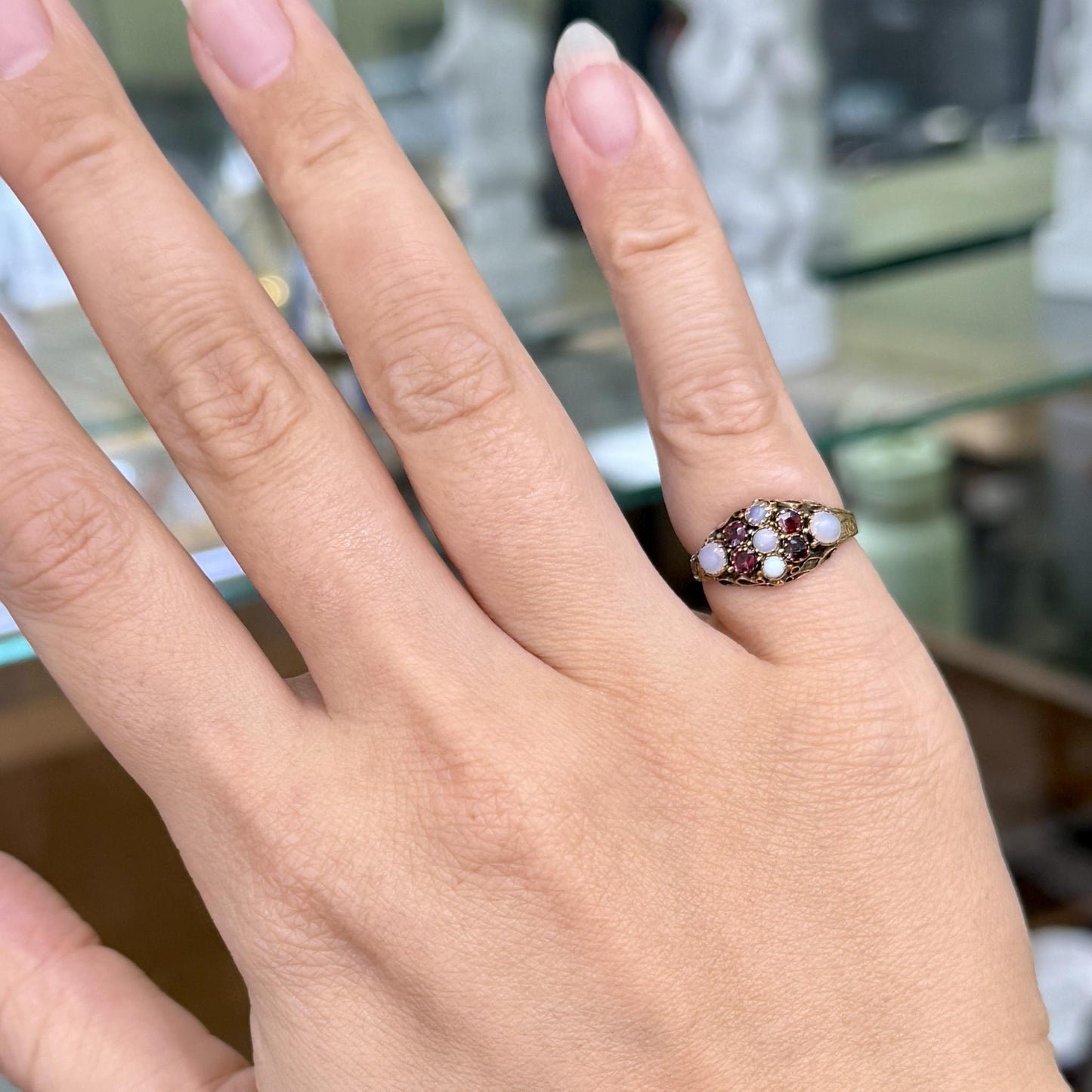 Antique 1880's Victorian Opal and Garnet Ring 15k Gold