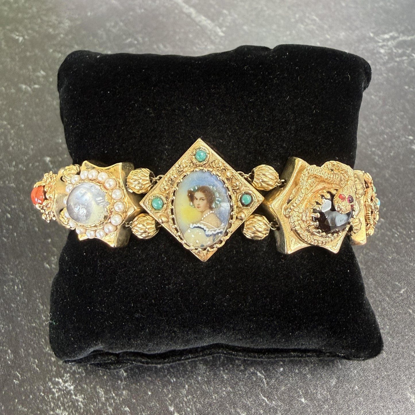 Vintage 1950's Intricate Gemstone Slide Bracelet 14k Yellow Gold