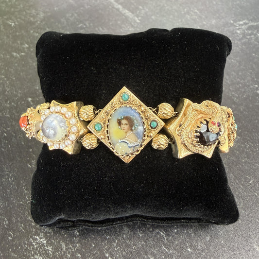 Vintage 1950's Intricate Gemstone Slide Bracelet 14k Yellow Gold