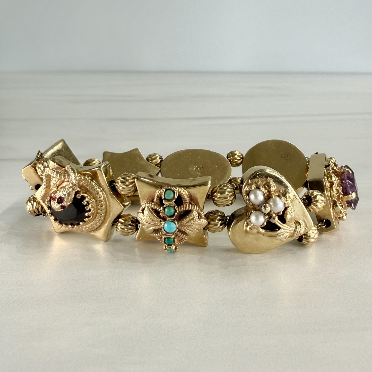 Vintage 1950's Intricate Gemstone Slide Bracelet 14k Yellow Gold