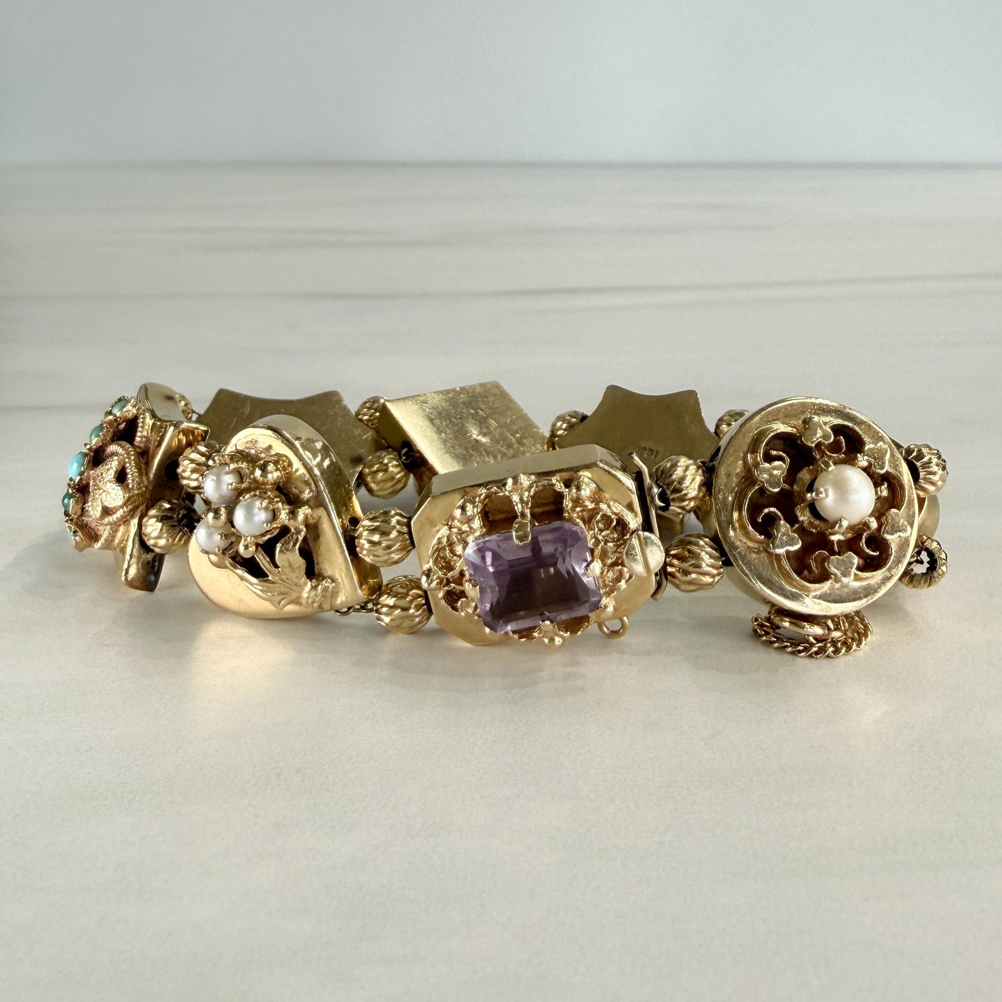 Vintage 1950's Intricate Gemstone Slide Bracelet 14k Yellow Gold