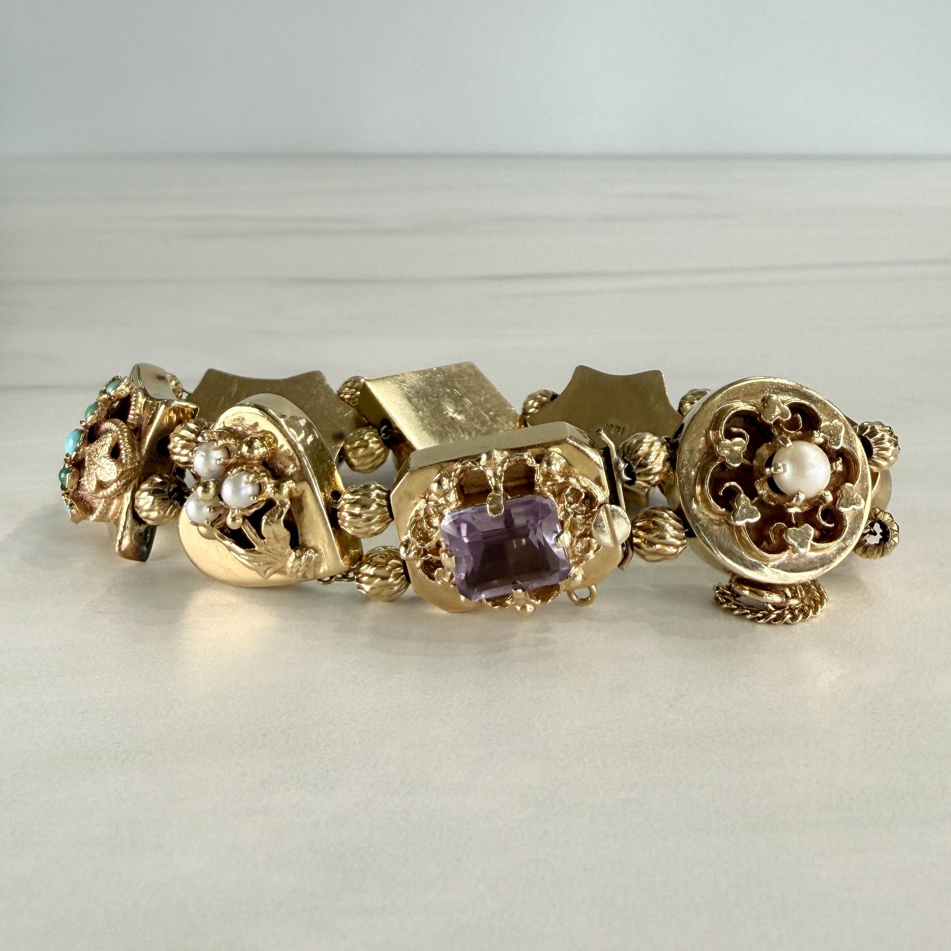 Vintage 1950's Intricate Gemstone Slide Bracelet 14k Yellow Gold