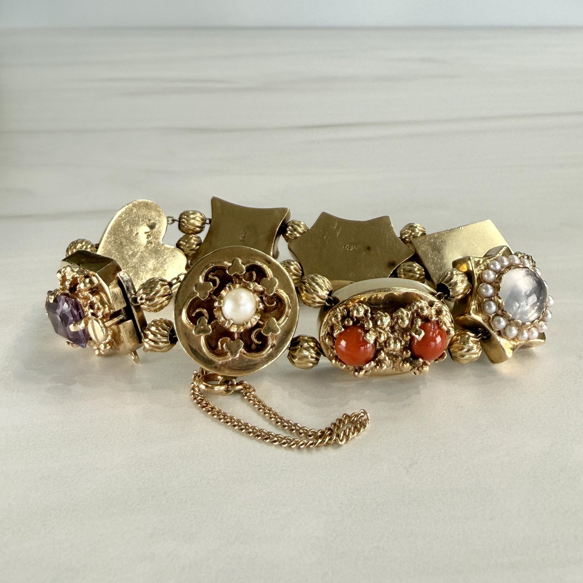 Vintage 1950's Intricate Gemstone Slide Bracelet 14k Yellow Gold