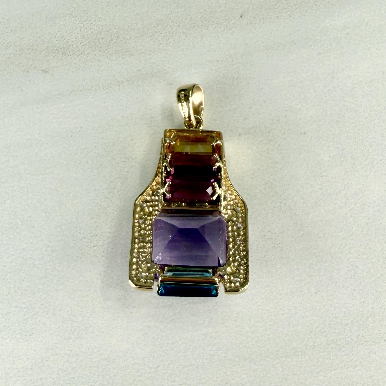 Colorful Multi-Gemstone and Diamond Pendant 14k Gold
