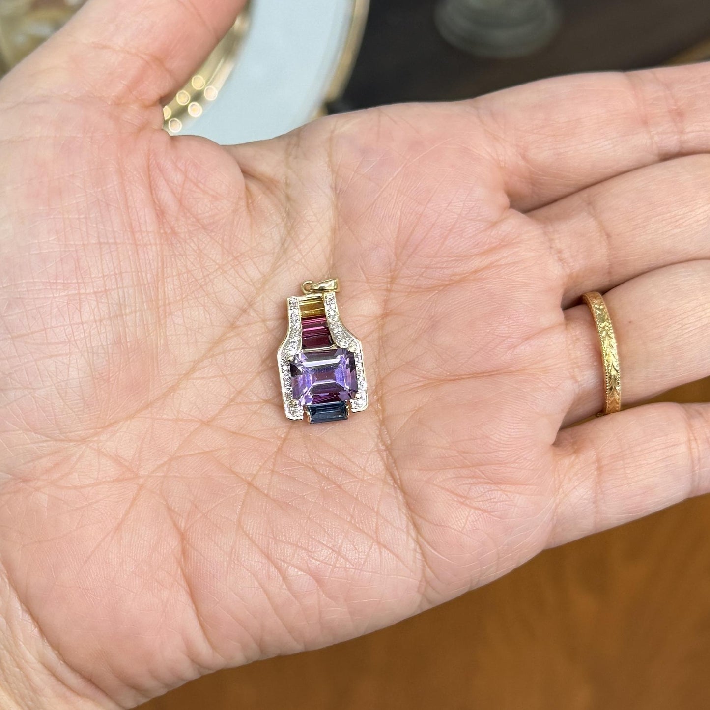 Colorful Multi-Gemstone and Diamond Pendant 14k Gold