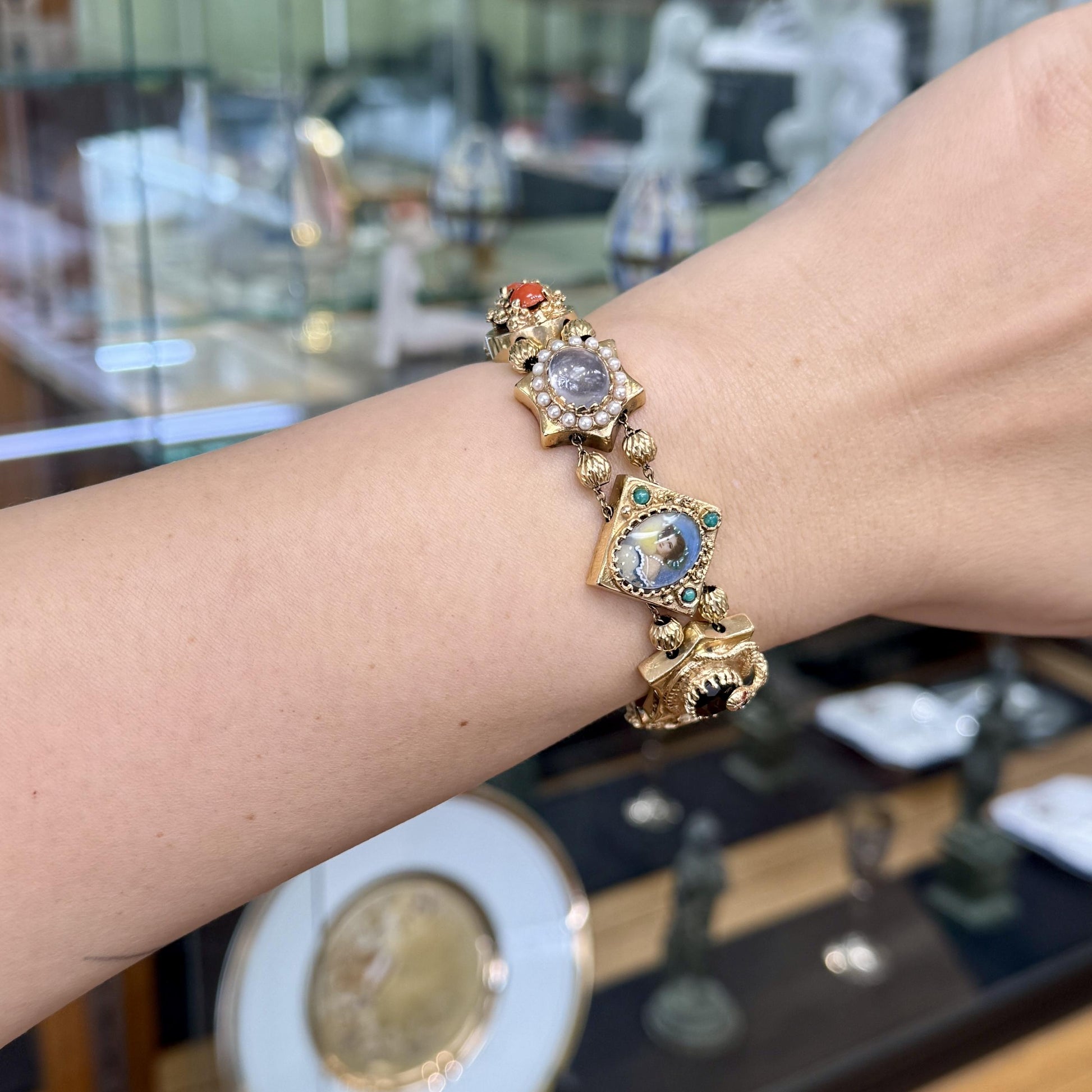 Vintage 1950's Intricate Gemstone Slide Bracelet 14k Yellow Gold