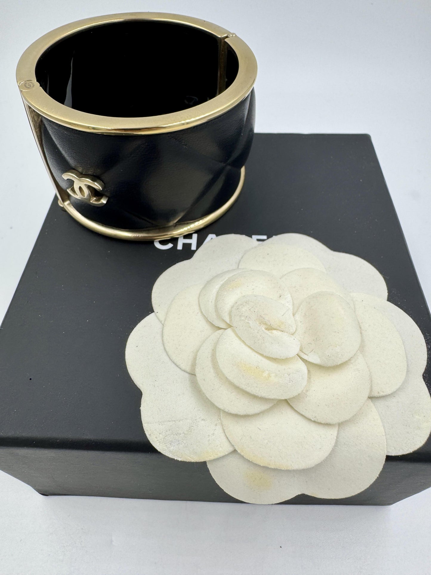 Chanel Quilted Leather Wide Cuff Bangle with box