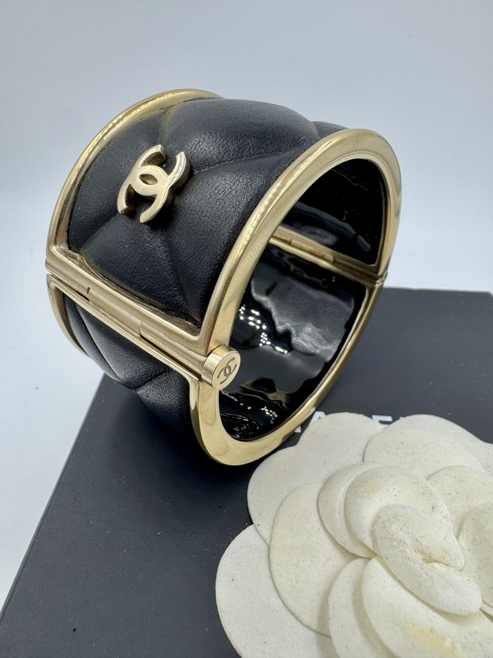 Chanel Quilted Leather Wide Cuff Bangle with box