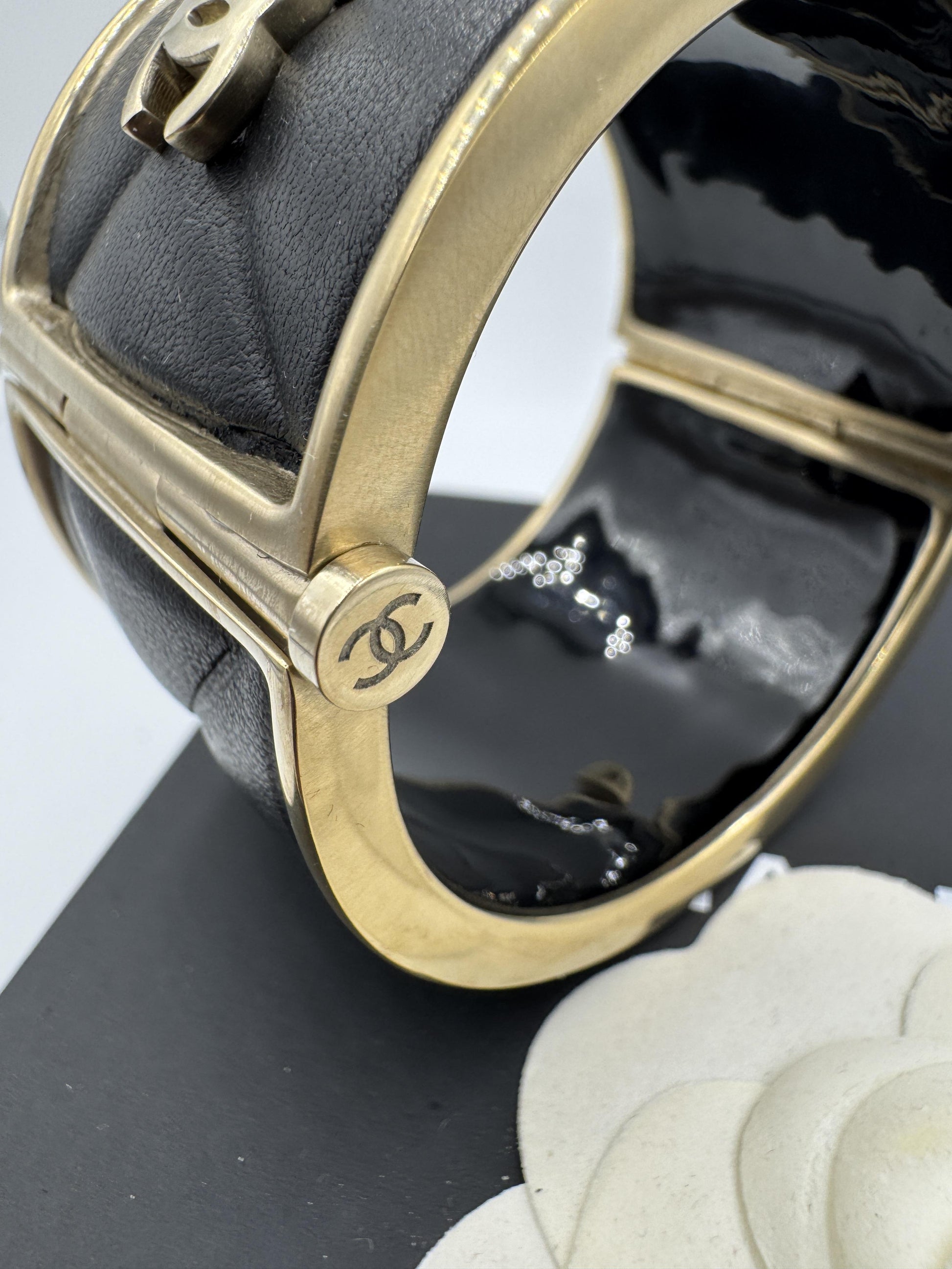Chanel Quilted Leather Wide Cuff Bangle with box