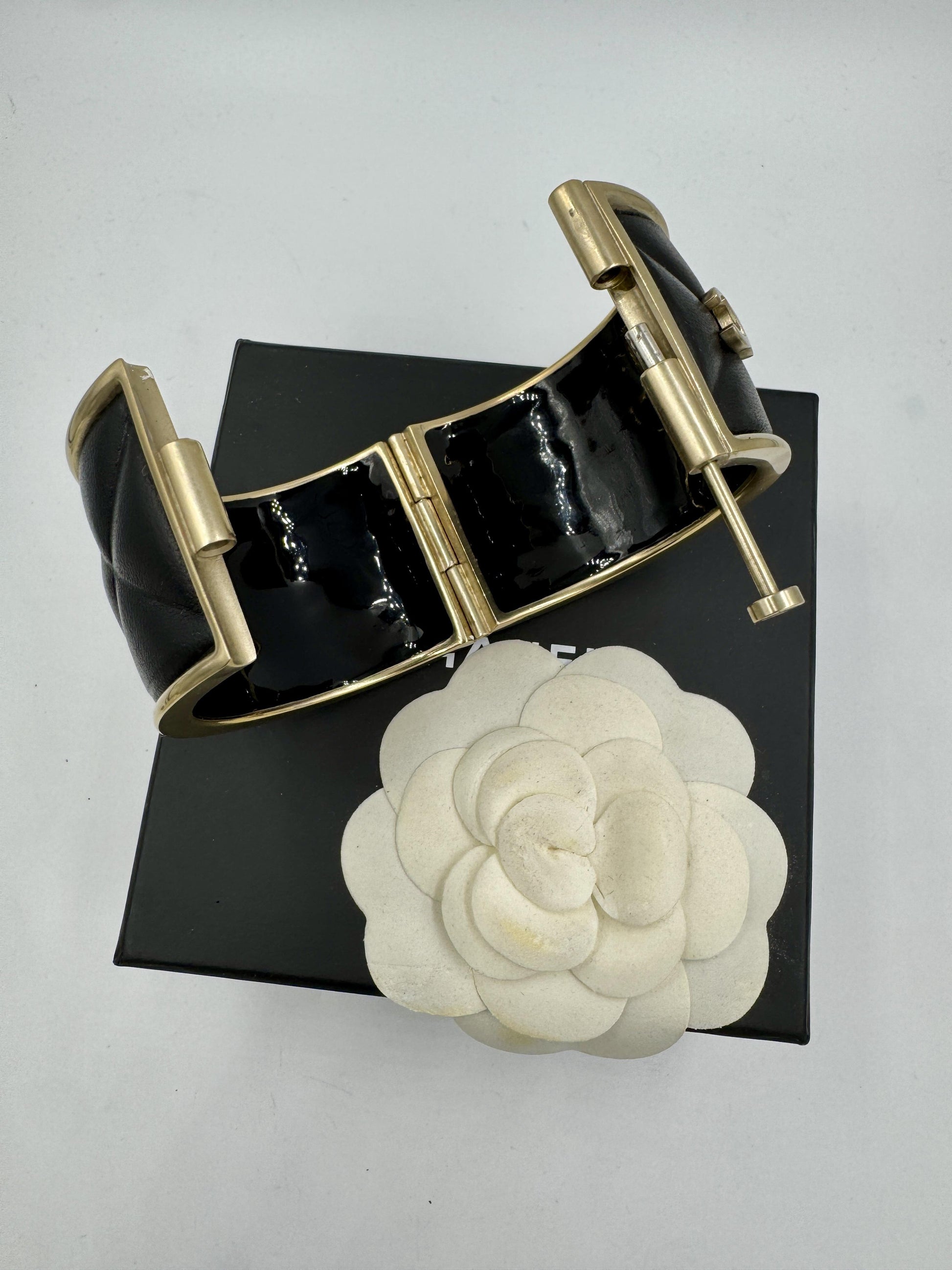 Chanel Quilted Leather Wide Cuff Bangle with box