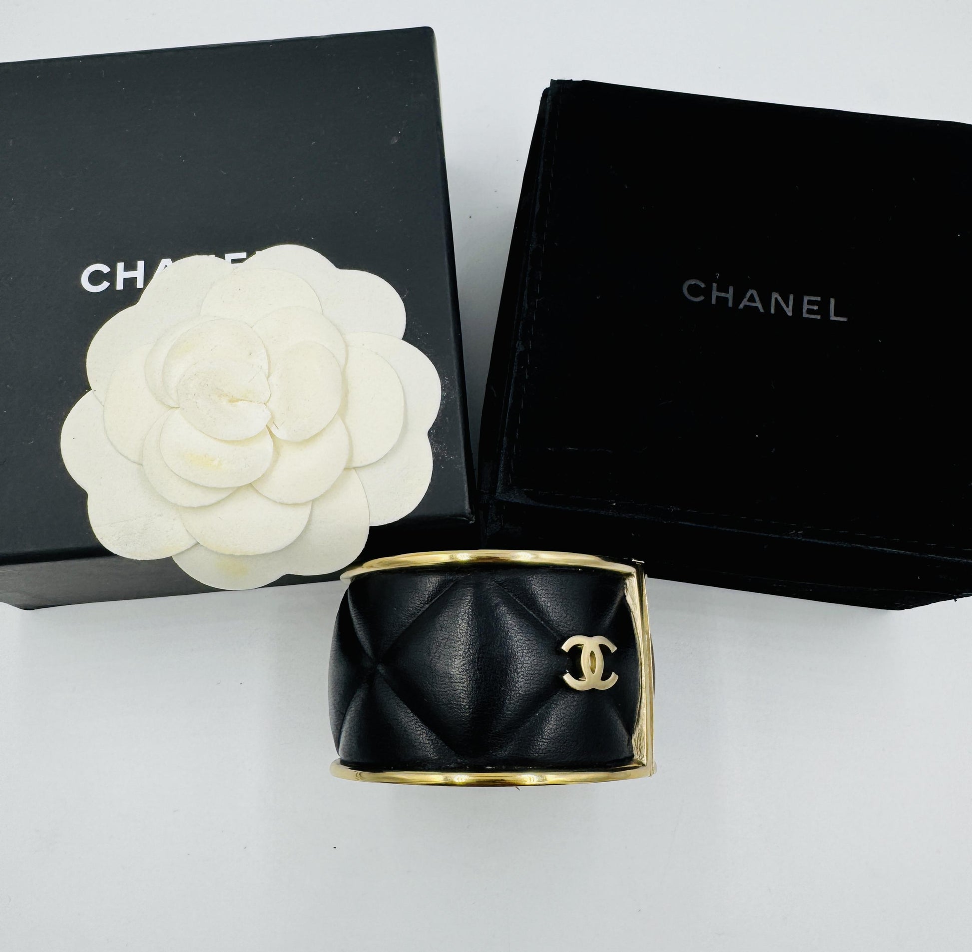 Chanel Quilted Leather Wide Cuff Bangle with box