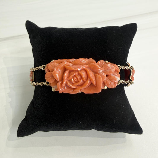 Vintage 1950's Carved Coral Bracelet 14k Yellow Gold