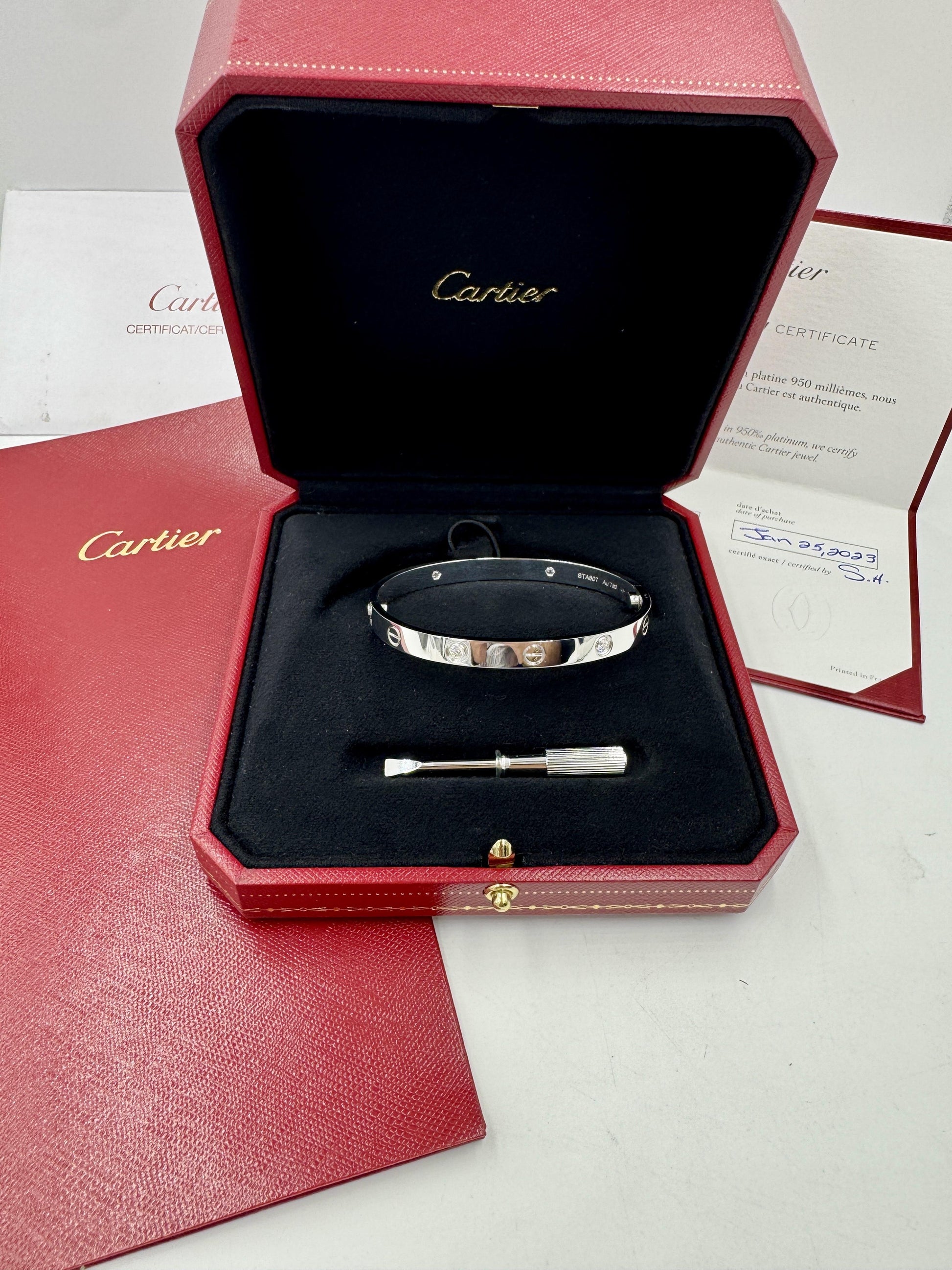CARTIER LOVE BRACELET 4 DIAMONDS 18K WHITE GOLD SIZE 18 Box and Papers