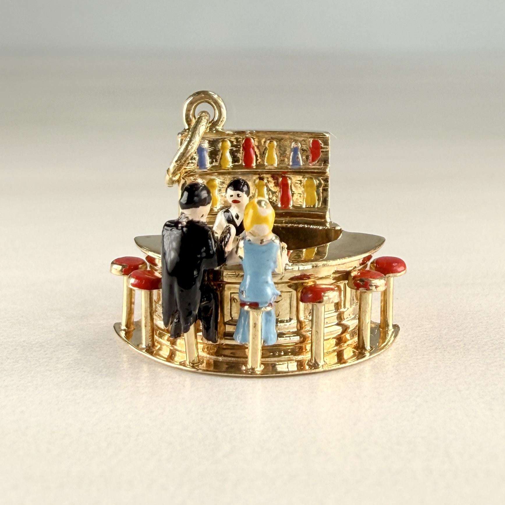 Vintage 1950's Articulated Bartender at Bar Charm 14k Yellow Gold