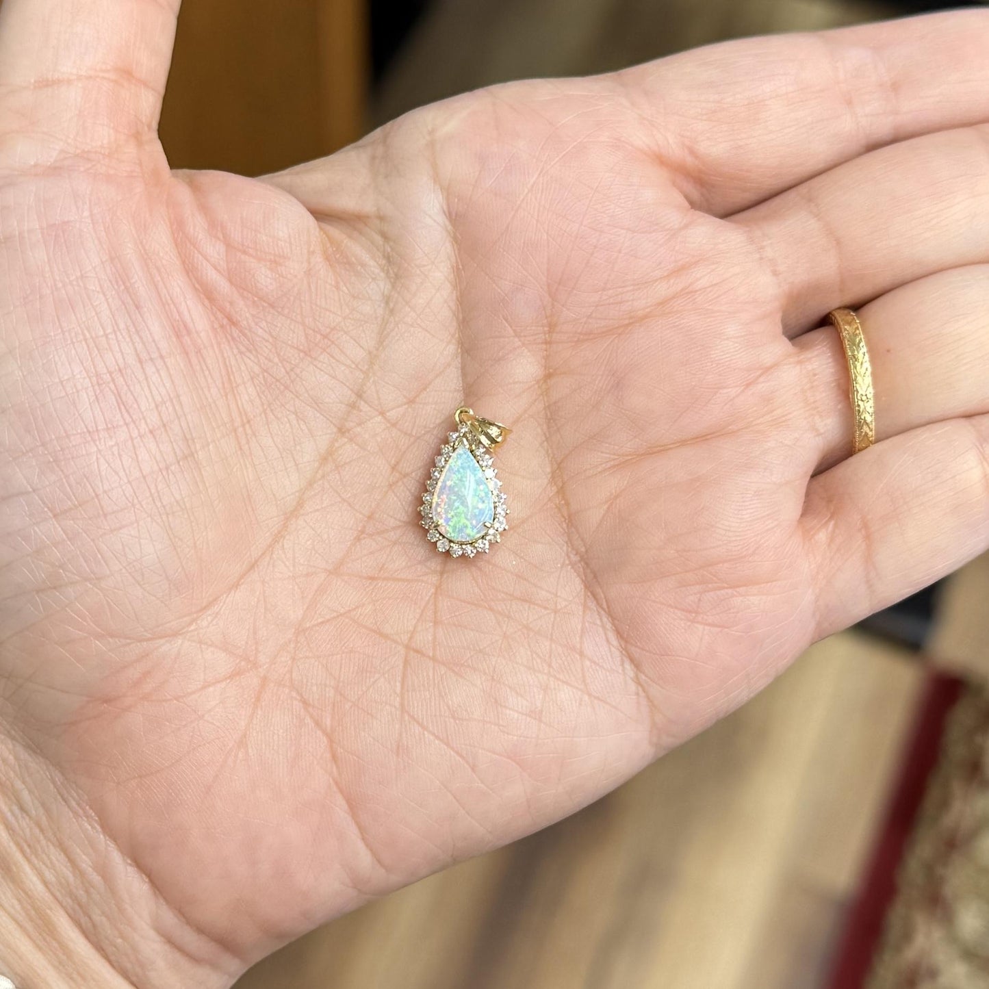 Vintage 1980's Opal and Diamond Pendant 18k Yellow Gold