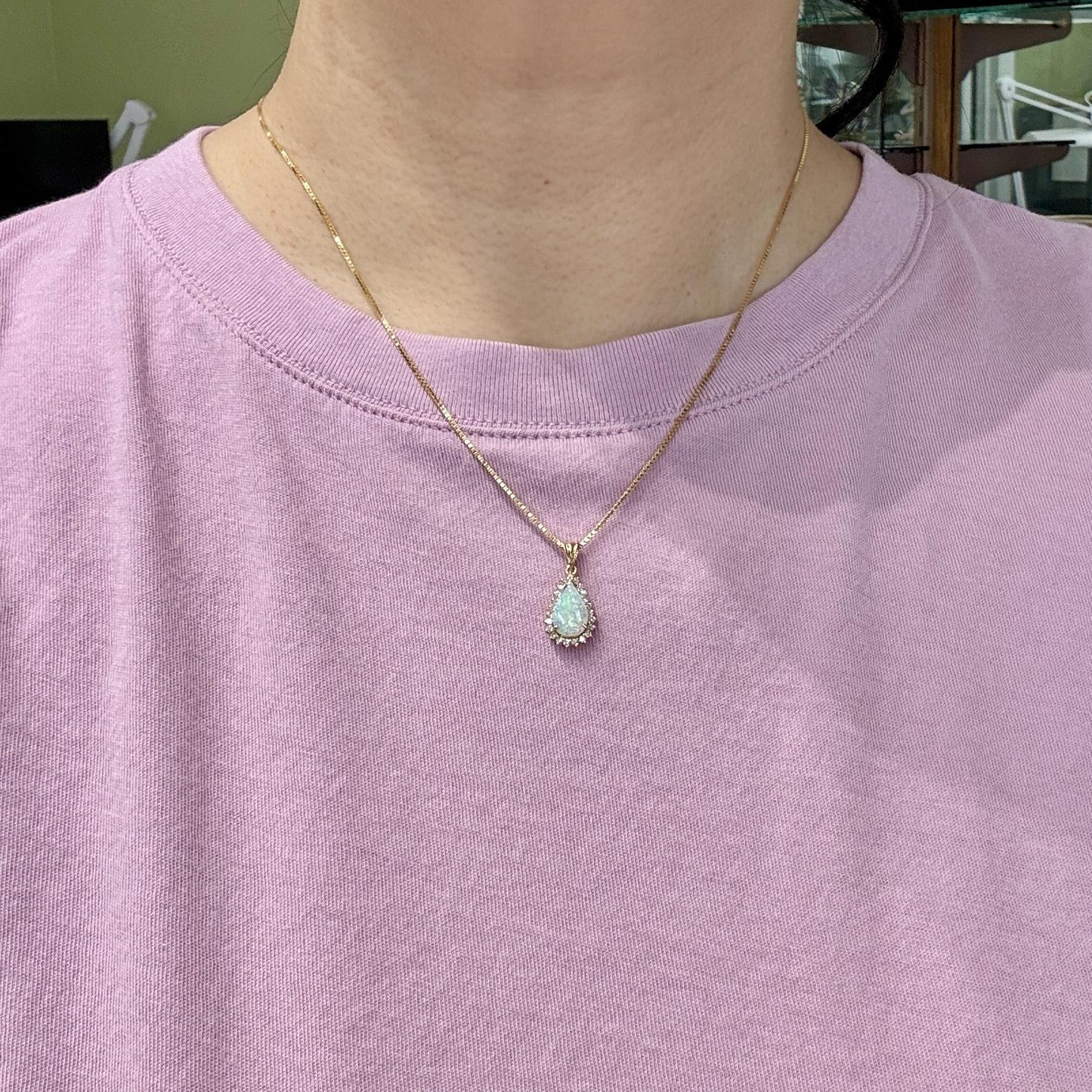 Vintage 1980's Opal and Diamond Pendant 18k Yellow Gold
