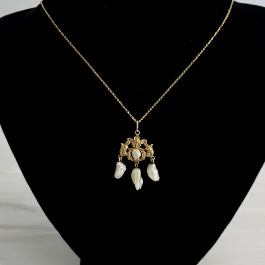 Antique 1905 Art Nouveau Pearl Drop Pendant Necklace 14k Yellow Gold