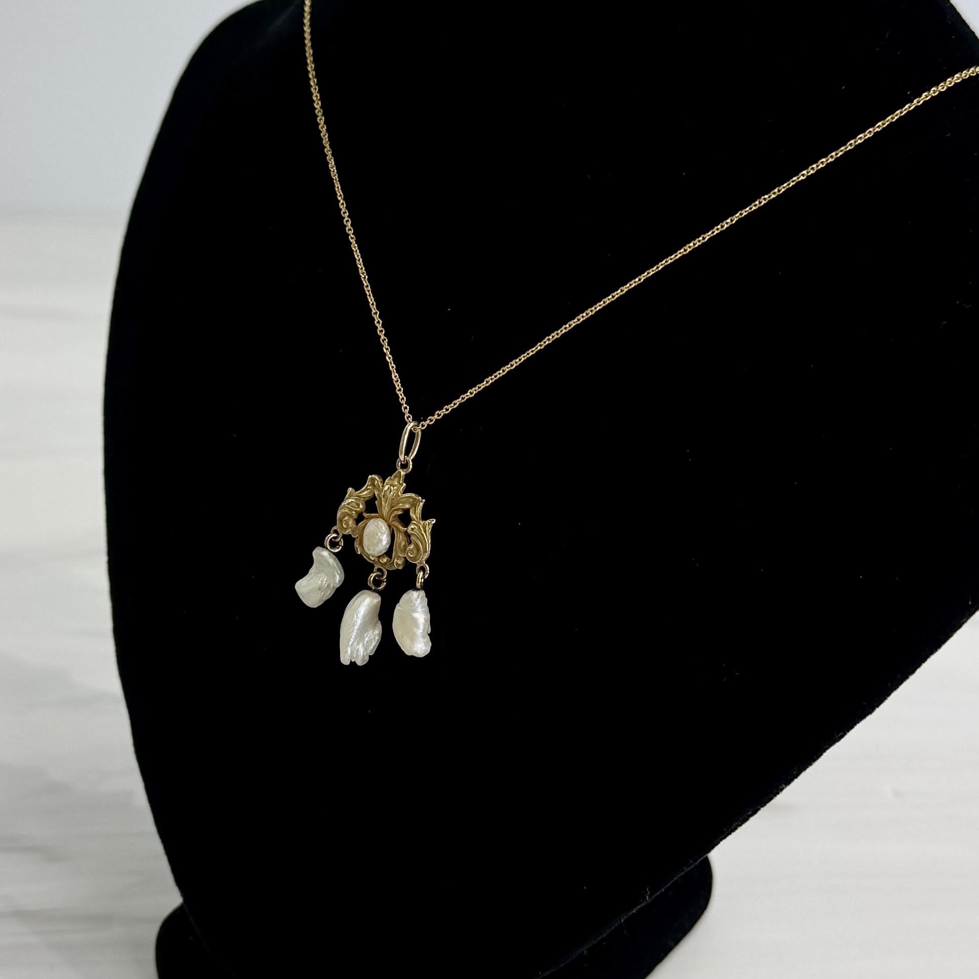 Antique 1905 Art Nouveau Pearl Drop Pendant Necklace 14k Yellow Gold