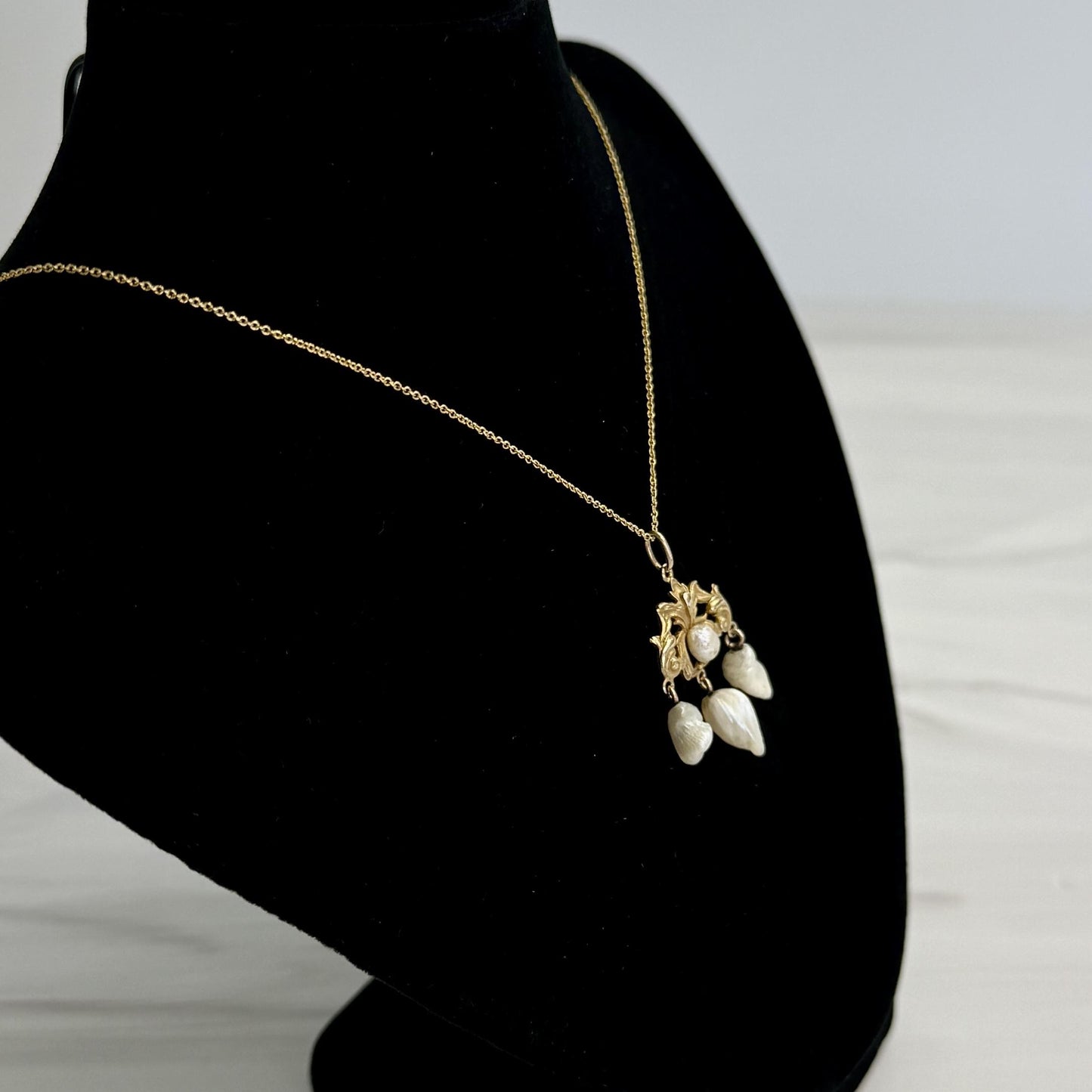 Antique 1905 Art Nouveau Pearl Drop Pendant Necklace 14k Yellow Gold