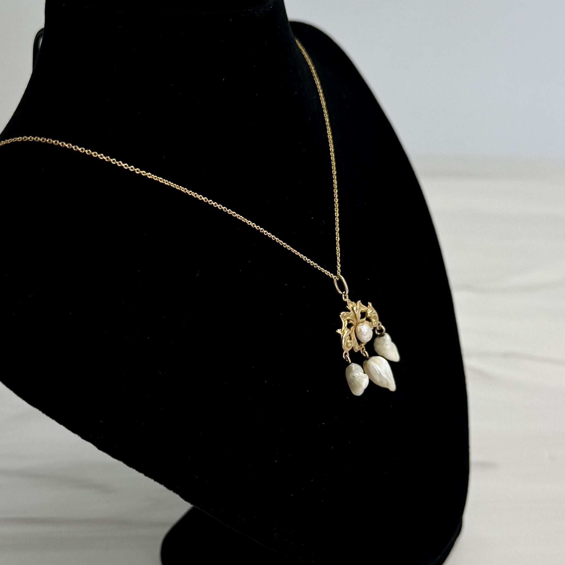 Antique 1905 Art Nouveau Pearl Drop Pendant Necklace 14k Yellow Gold
