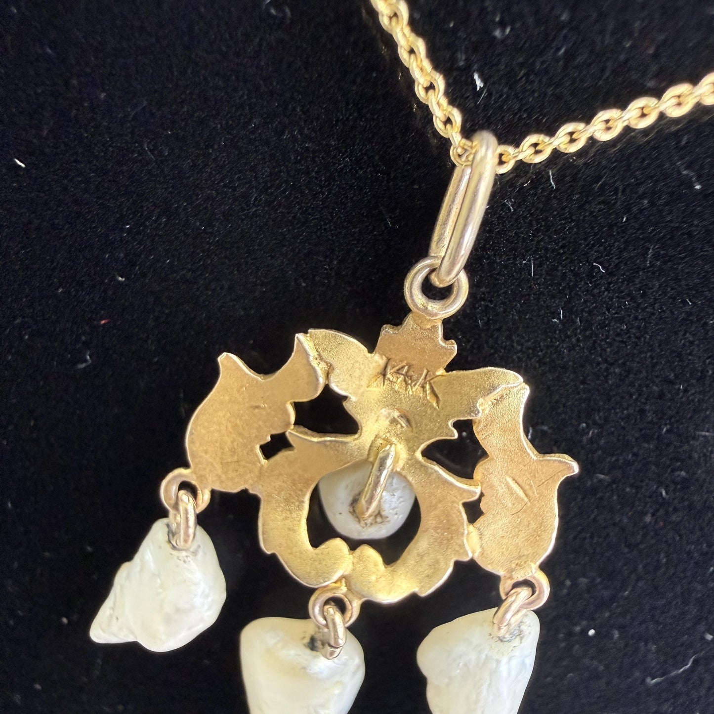 Antique 1905 Art Nouveau Pearl Drop Pendant Necklace 14k Yellow Gold
