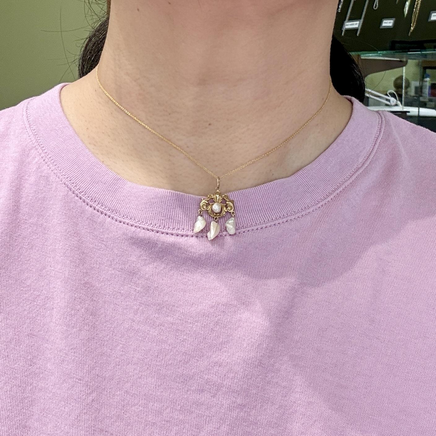 Antique 1905 Art Nouveau Pearl Drop Pendant Necklace 14k Yellow Gold