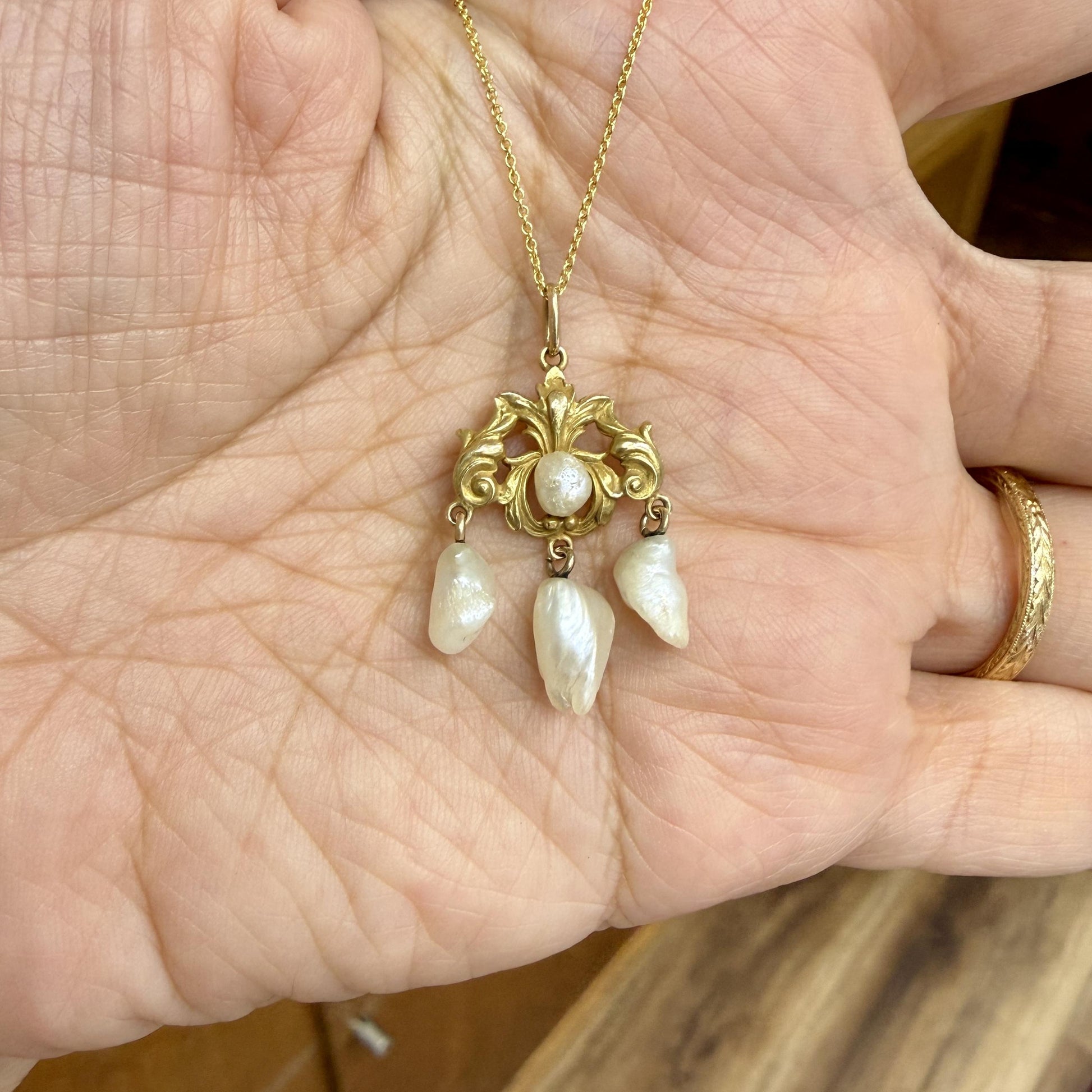 Antique 1905 Art Nouveau Pearl Drop Pendant Necklace 14k Yellow Gold