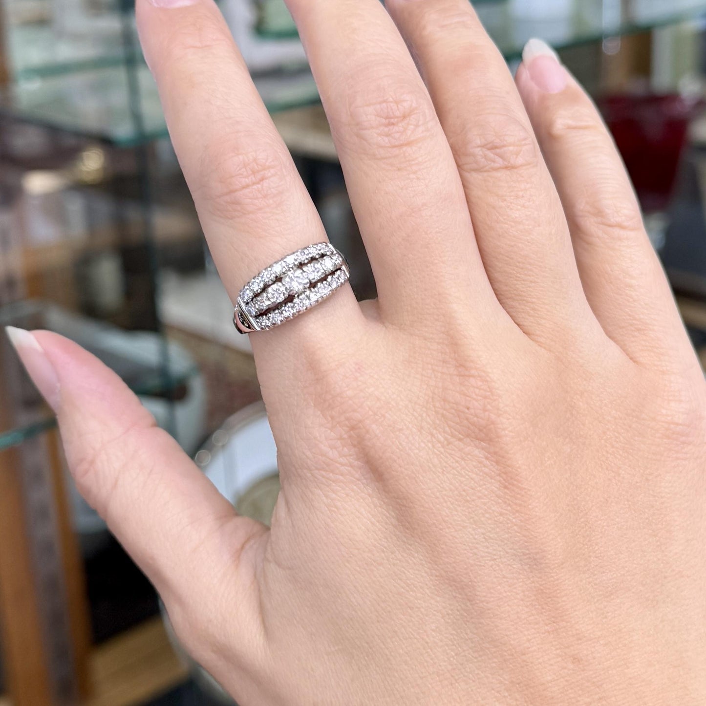 Vintage 1950's 3 Row Diamond Band Ring 14k White Gold