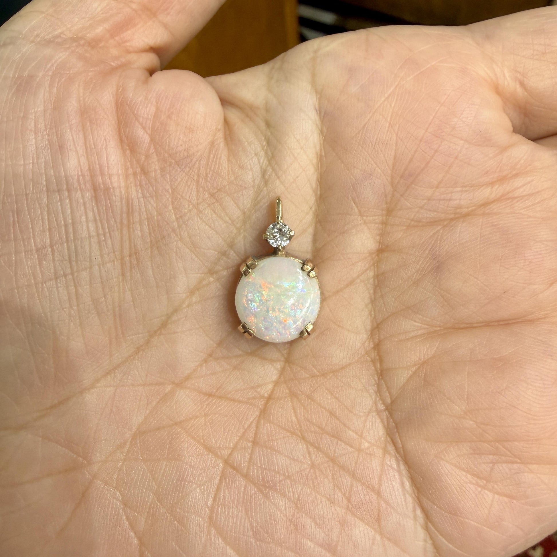 Vintage Opal and Old Mine Cut Diamond Necklace 14k Yellow Gold
