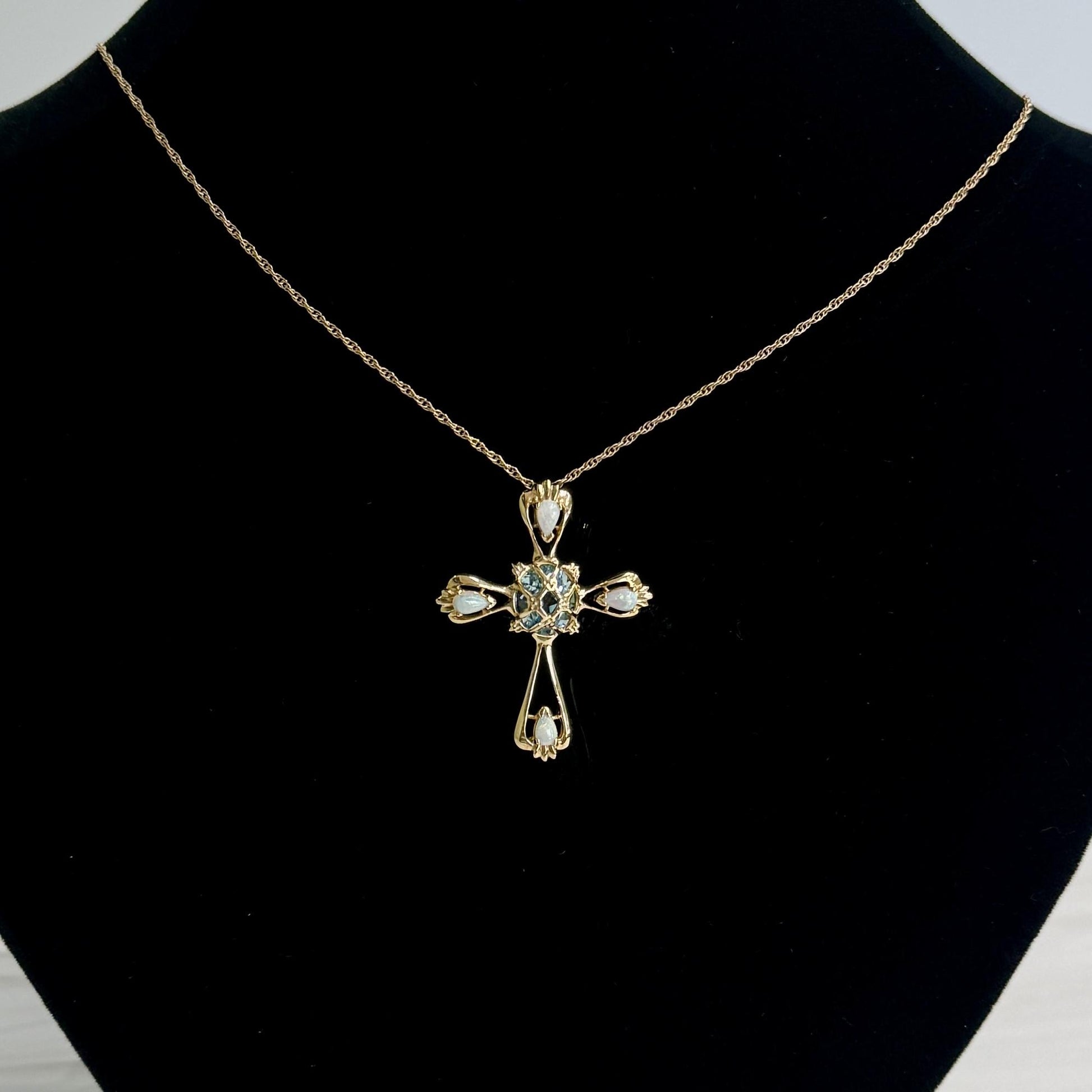Estate 14k yellow gold Opal Topaz Cross Necklace Pendant