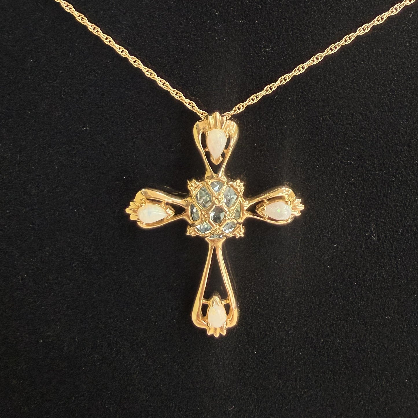Estate 14k yellow gold Opal Topaz Cross Necklace Pendant