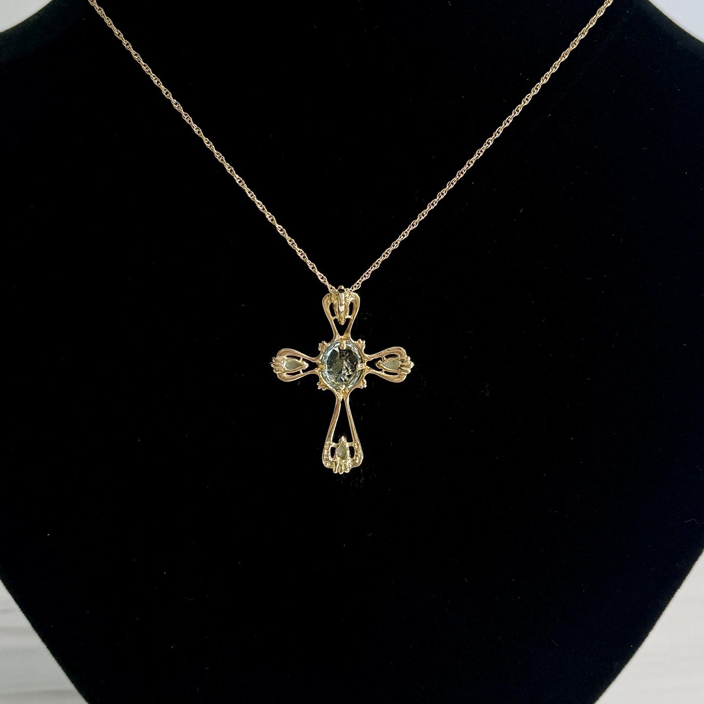 Estate 14k yellow gold Opal Topaz Cross Necklace Pendant