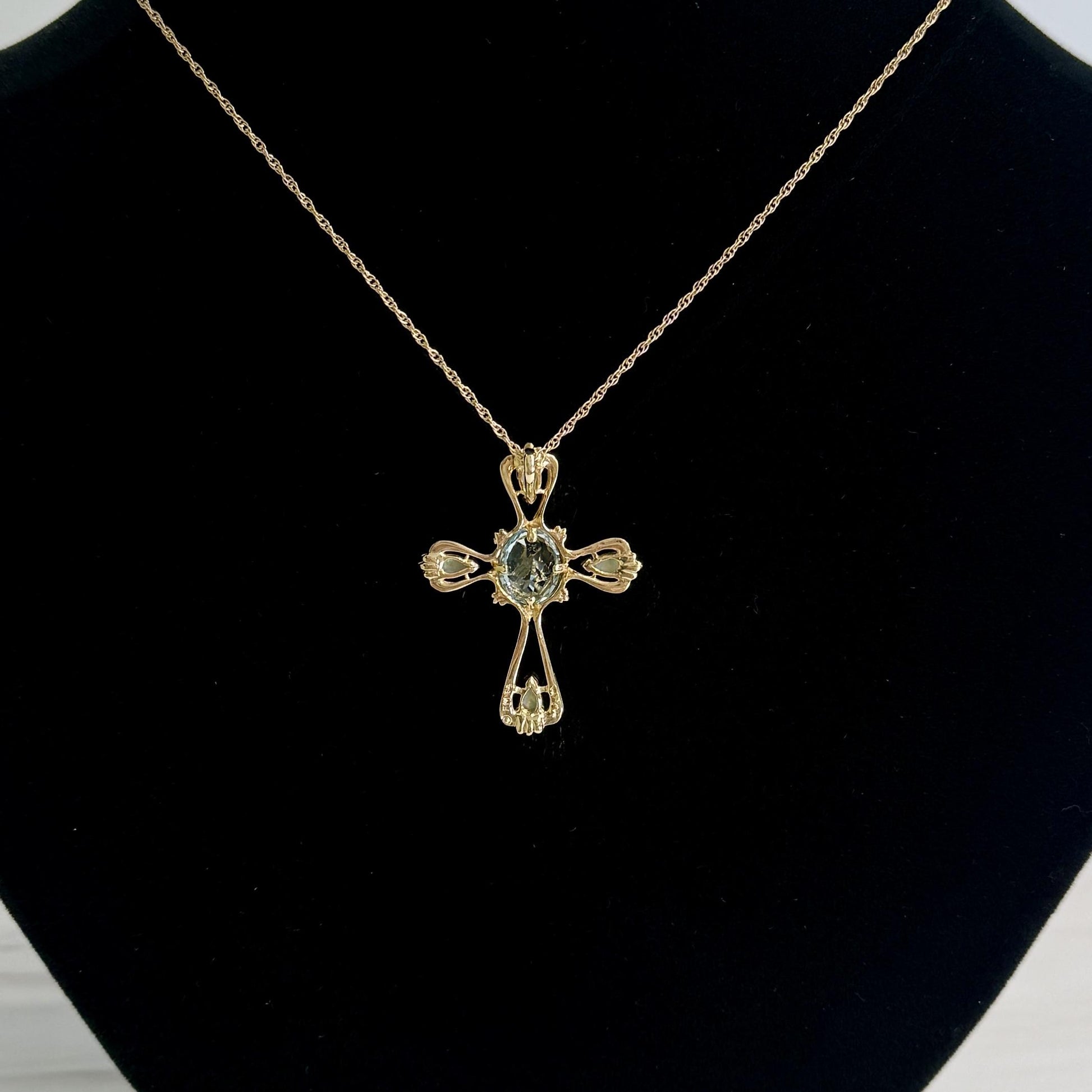 Estate 14k yellow gold Opal Topaz Cross Necklace Pendant