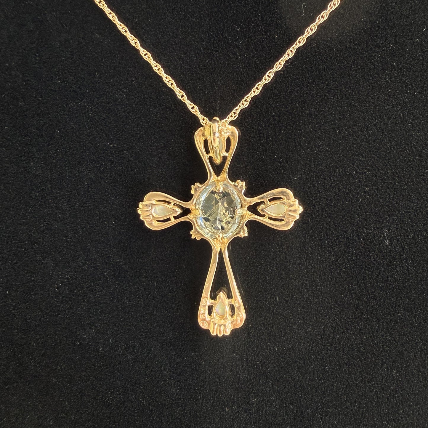 Estate 14k yellow gold Opal Topaz Cross Necklace Pendant