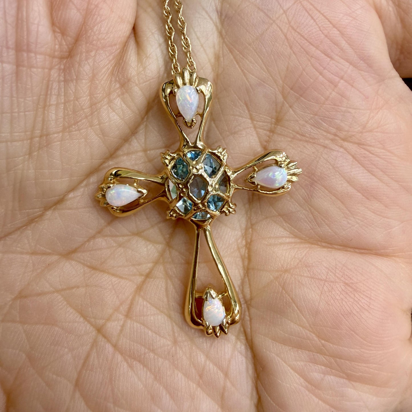 Estate 14k yellow gold Opal Topaz Cross Necklace Pendant