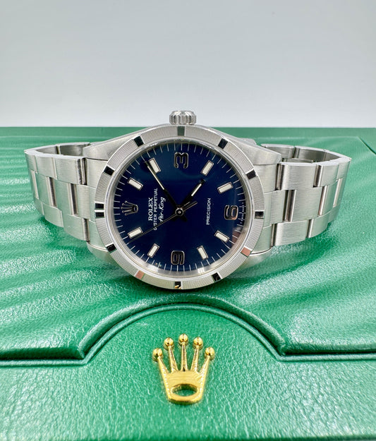 Rolex Air King Mens Stainless Steel Watch Oyster Band Blue Arabic Dial 14010S