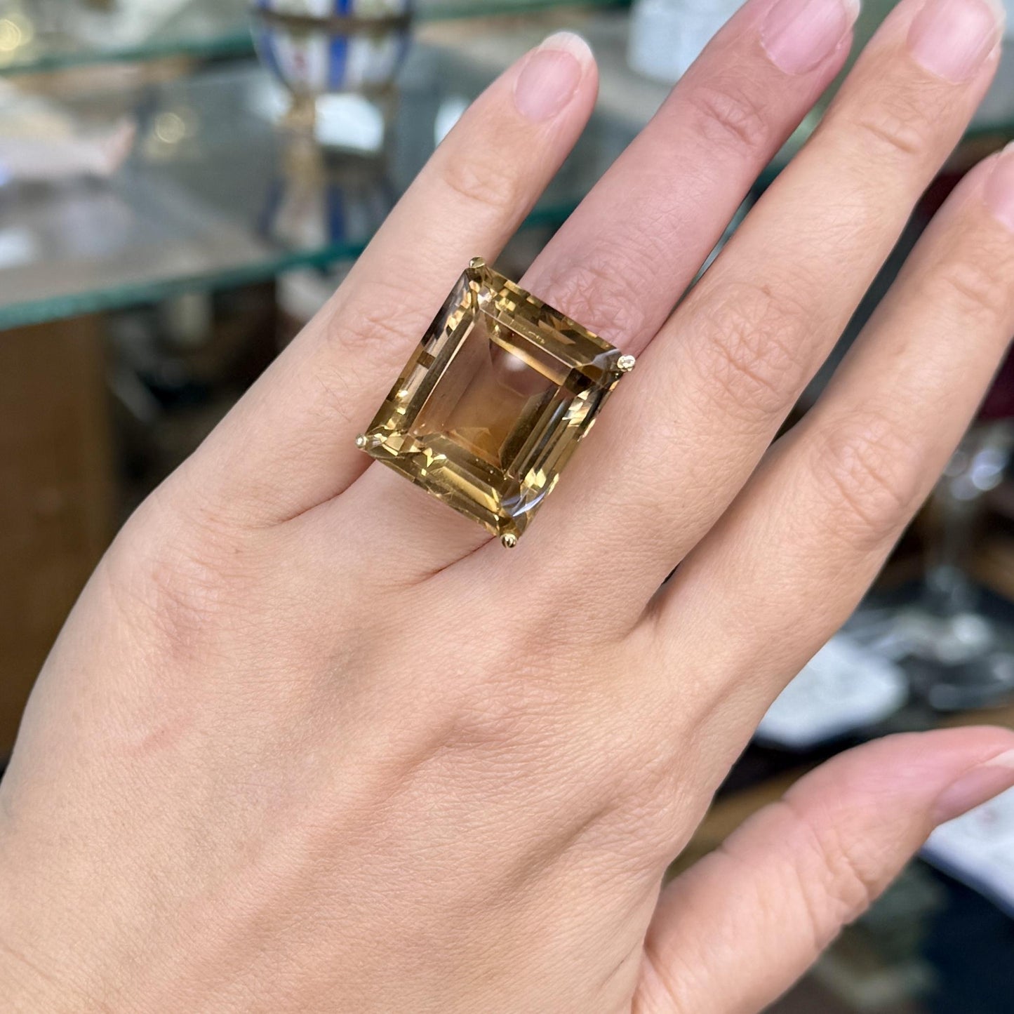 1950's Large Emerald Cut Smokey Quartz Statement Ring 18k Yellow Gold