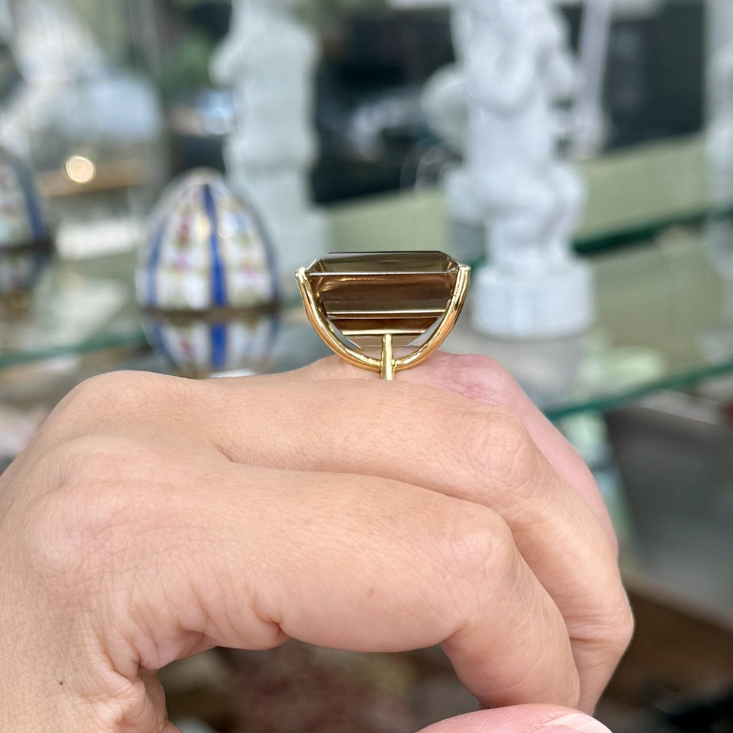 1950's Large Emerald Cut Smokey Quartz Statement Ring 18k Yellow Gold